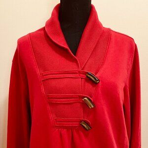 Old Navy Women's XL Red Shawl-Collar Sweatshirt Wood Toggle Buttons Side Pockets